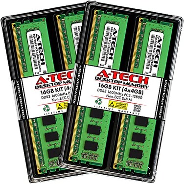 A-Tech ATech 16GB 4x4GB DDR3 1600MHz PC312800 CL11 DIMM 240Pin NonECC UDIMM Desktop RAM Memory Modules
