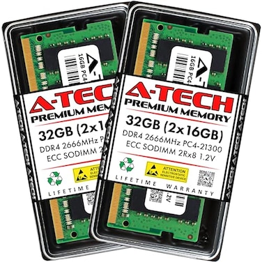 A-Tech ATech 32GB Kit 2x16GB DDR4 2666MHz PC421300 ECC SODIMM 2Rx8 Dual Rank 12V 260Pin RAM Memory Upgrade Modules for Microserver Workstation and Networking Platforms