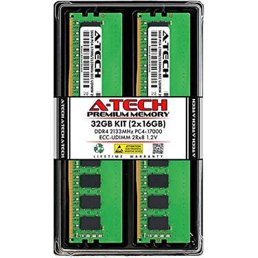 A-Tech ATech Server 32GB Kit 2x16GB DDR4 2133MHz PC417000 ECC UDIMM 2Rx8 Dual Rank 12V ECC Unbuffered DIMM 288Pin Server Workstation RAM Memory Upgrade Modules ATech Enterprise Series