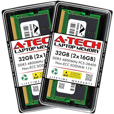 A-Tech ATech 32GB Kit 2x16GB DDR5 4800MHz PC538400 CL40 SODIMM 11V NonECC Unbuffered SODIMM 262Pin Laptop Computer RAM Memory Upgrade Modules
