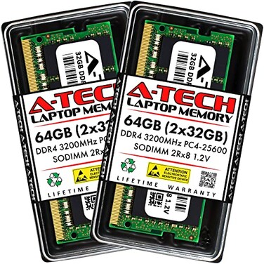 A-Tech ATech 64GB 2x32GB DDR4 3200 MHz SODIMM PC425600 PC43200AA CL22 2Rx8 NonECC Laptop RAM Memory Modules