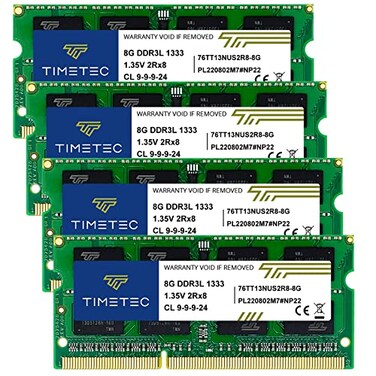 Timetec 32GB KIT4x8GB DDR3 DDR3L 1333MHz PC310600 NonECC Unbuffered 15V 135V CL9 2Rx8 Dual Rank 204 Pin SODIMM Laptop Notebook PC Computer Memory RAM Module Upgrade32GB KIT4x8GB