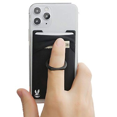 TUZAMA 5in1 Cell Phone WalletStick On Spandex Ring Card Holder Sleeve BackDoublePocketMagneticFinger Grip Strap LoopKickstandRFID BlockMost of Smartphones