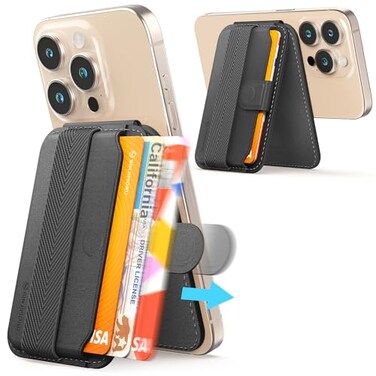 Sinjimoru Pull Eject Magnetic Wallet for iPhone Phone Wallet with Adjustable Stand Compatible with MagSafe Wallet MPull Tab Stand Black