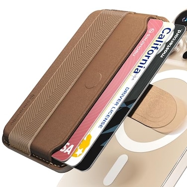 Sinjimoru Pull Eject Magnetic Wallet for iPhone Finger Grip for MagSafe Card Holder Compatible with MagSafe Wallet MPull Tab Band Brown