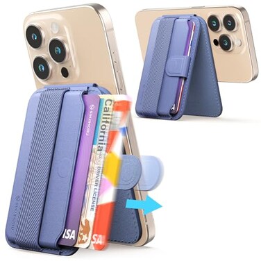 Sinjimoru Pull Eject Magnetic Wallet for iPhone 3Card Holder with Adjustable Stand Compatible with MagSafe Lavender
