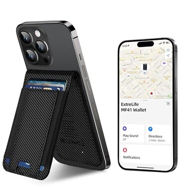 ExtreLife MagSafe Wallet Work with Apple Find My Magnetic Phone Wallet Stand for iPhone 171615141312 Series 8 Card Holder RFID Blocking Rechargeable Carbon Fiber Black