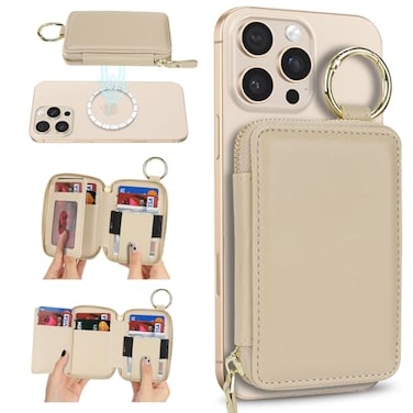 SunYoo Compatible with MagSafe WalletMagnetic Phone Wallet Card Holder for iPhone 1716 Pro Max15 plus14 Pro1312 SeriesPU Leather Zipper Pocket Adjustable StandBeige