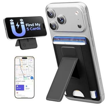 APTMAPT for MagSafe Wallet Works with Apple Find My 5Card RFID Holder with Stand Also Grip Strong Magnetic Wallet for iPhone 171615141312 Pro Max Air Plus Wireless Charging Black