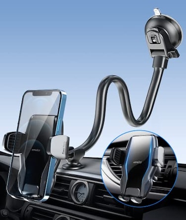 APPS2Car 13 Gooseneck Phone Mount for Car Windshield Dashboard Vent Cell Phone Holder for Car Truck with Strong Suction Cup AntiShake Stabilizer OneHand Operation Fits Most Smartphones