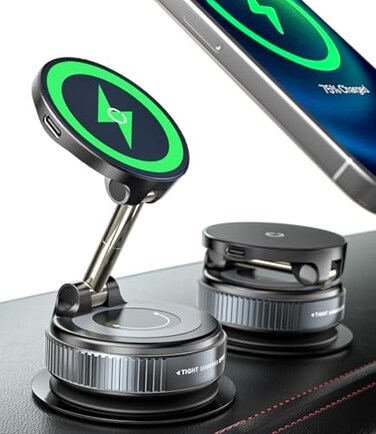 ALAFLY 15W Wireless Charger Magnetic Car Phone Holder Vacuum Suction Cup 360 Adjustable Foldable Car Mount for DashboardWindshieldSmooth Surface Compatible with MagSafe for iPhoneSamsung