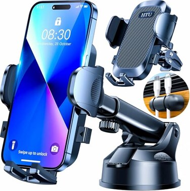 HTU 2026 Upgraded True MilitaryGrade Car Phone HolderSafety Certs No Smell Cell Phone Holder for Car Mount for Dashboard Windshield Air Vent Long Arm Thick CaseBlack