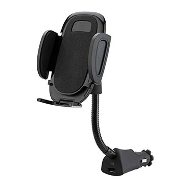 Scosche Universal 12V Car Phone Mount with USB Charger Phone Holder with Cigarette Lighter Adapter for 12V Socket PlugIn Flexible Gooseneck Adjustable Cradle for iPhone Android Cell Phones