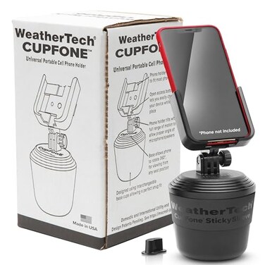 WeatherTech CupFone Universal Cup Holder Phone Mount for Cars Adjustable Secure Fit with Open Access for Charging Compatible with iPhone Android Black
