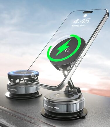 CloudValley 15W Fast Wireless Charger Car Phone Mount Vacuum Suction Cup Magnetic Phone Holder Design for MagSafe iPhone 171615141312 360 Adjustable Foldable Stand for DashboardWindshield