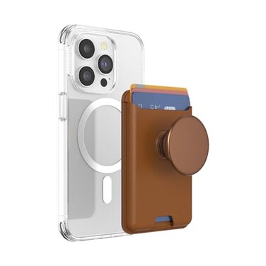 PopSockets Phone Wallet for MagSafe Phone Card Holder with Grip Brown Cognac