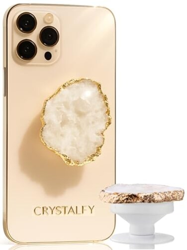 CRYSTALFY Grips by Crystal Phone Grip Holder Expanding KickstandNatural Gemstone Swappable Top Accessory Compatible with iPhone iPad Kindle Mobile Devices White Clear Quartz Druzy Adhesive