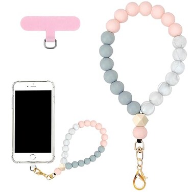 VICHUNHO Marble Silicone Beaded Phone Wrist Strap Cellphone Lanyard with Tether Tab Elastic HandsFree Wristlet Bracelet