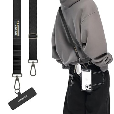 MAGEASY Universal Cell Phone Lanyard Crossbody AntiTheft Crossbody Phone Strap for iPhone 16 Pro Max Most Smartphones for Men Women 20mm Black