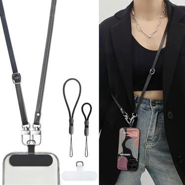 BFSD&Acirc;&middot;DM Crossbody Phone Strap with 2 Pads Leather Adjustable Finger Strap Compatible with Most Smartphones Black