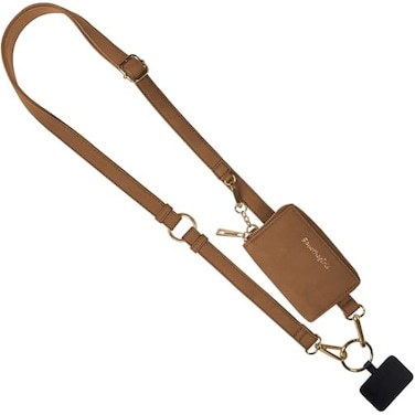 Save the Girls Clip and Go Brushed Vegan Phone Lanyard Brown Crossbody Phone Case with Pouch Adjustable and Removable Shoulder Strap and Wristlet Strap