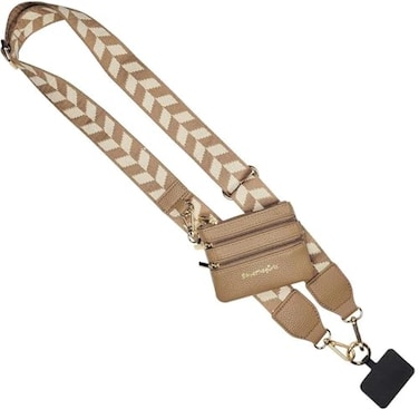 Save the Girls Original Clip and Go Phone Strap Pattern Chevron BrownCream Crossbody Phone Strap Chain with Zipper Wallet Pouch Phone Lanyard Zippered