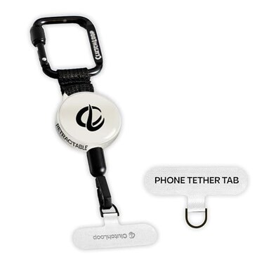 ClutchLoop AntiTheft Phone Tether Universal Adhesive Anchor Retractable Steel Line and Locking Carabiner White