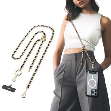 MAGEASY Cell Phone Chain Lanyard Crossbody with Tether Tab Attachment Clip Metal Leather Strap with 360 Rotatable Buckle Adjustable Length Chic RustProof Strap for iPhone Classic Gold