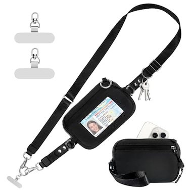 Tiostep Clip and Go Strap for Phone with Wallet Crossbody Phone Lanyard Adjustable and Detachable RFID Wristlet Wallet with ID Window and Zipper BlackL