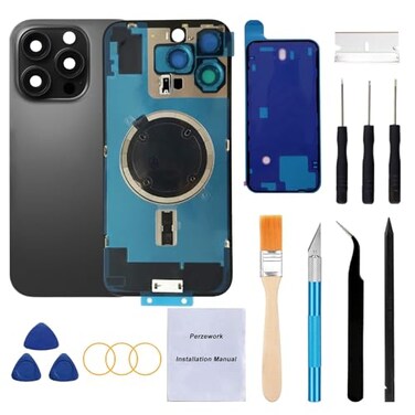 Perzework Rear Back Glass Replacement for iPhone 16 Pro 63inches PreInstalled Plate and Camera Frame and Lens Reparing Tool Kit Black Titanium