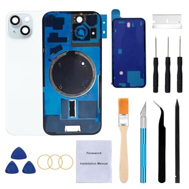 Perzework Rear Back Glass Replacement for iPhone 15 Plus 67inches PreInstalled Plate and Camera Frame and Lens Reparing Tool Kit Blue