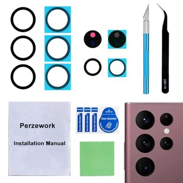 Perzework 2 Sets Back Rear Camera Lens Glass Replacement for Samsung Galaxy S22 Ultra with preInstalled Adhesive and Reparing Toolkit