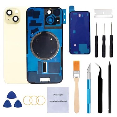 Perzework Rear Back Glass Replacement for iPhone 15 61inches PreInstalled Plate and Camera Frame and Lens Reparing Tool Kit Yellow