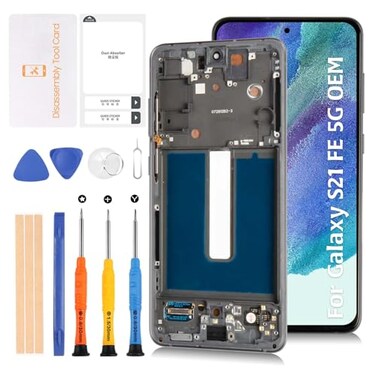 Olivechard S21 FE 5G G990 OEM Original LCD Display Graphite Frame for Samsung Galaxy S21 FE SMG990uu1wbe 64 LCD Screen Display Replacement Touch Digitizer Assembly Kit Dynamic amoled
