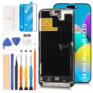 Olivechard Soft OLED LCD Screen for iPhone 14 Pro Max 120Hz Promotion Proximity Sensor Cable Replacement 14 Pro Max 67 inch Touch Display Digitizer Touch Screen Assembly with Repair Tools
