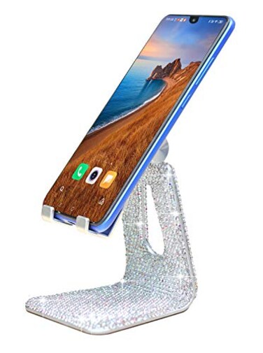 CARCHILE SZ Bling Rhinestone Crystal Adjustable Cell Phone Stand Phone Holder for Desk Phone Desktop Holder Stand Compatible with iPhone IPAD Samsung Smart Silver