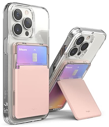 Ringke Stand Slot Card Holder Phone Wallet Stick on Stand ID Credit Card Holder for Phone Case Solid Card Wallet with Phone Kickstand Compatible with iPhone Galaxy Android Clear Peach Pink