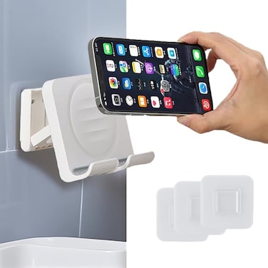 geyitafum Shower Phone Holder Wall Mount Cellphone Stand with 3pcs Adhesive Pads Adjustable Portable Mirror Smartphone Wall Holder Desktop Phone Mount Stand for Bathroom Bedroom Kitchen or Dorm