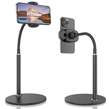 Klsniur Cell Phone Stand Adjustable Height Angle Gooseneck Stand for Desk Flexible Arm Universal Holder Aluminum Alloy Desktop Recording Compatible with 357 Device Black