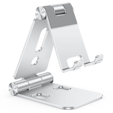 OMOTON Foldable Cell Phone Stand C4 Portable Aluminum Phone Holder Adjustable Phone Dock Cradle for iPhone 171615 Pro Max Air Small Tablets Smart Phones Women Men Gift for Fathers Day Silver