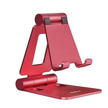Nulaxy Dual Folding Cell Phone Stand Fully Adjustable Foldable Desktop Phone Holder Cradle Dock Compatible with iPhone 17 16 15 14 13 12 11 Pro Max Xs Xr X 8 Nintendo Switch All Phones Red