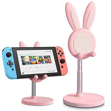 OATSBASF Cell Phone Stand Adjustable Cute Bunny Phone Stand for Desk Kawaii Phone Holder Stand Compatible with All Mobile Phones iPhone Kindle Switch Pink