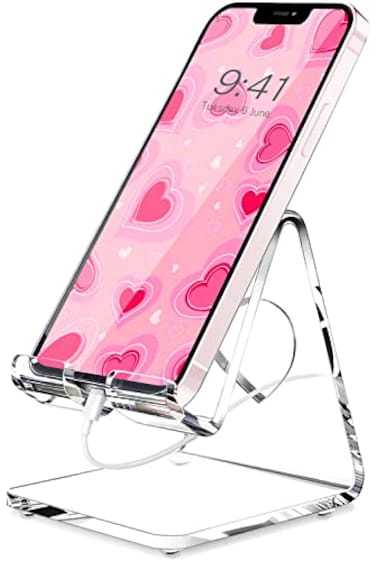 Crpich Acrylic Cell Phone Stand Portable Phone Holder Clear Phone Stand for Desk Compatible with Phone16 15 14 13 Pro Max Mini 12 11 SE Switch Android Smartphone Pad Tablet Desk Accessories