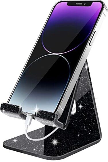 Crpich Acrylic Cell Phone Stand Portable Phone Holder Phone Stand for Desk Compatible with Phone16 15 14 13 12 Pro Max Mini 11 Xr 8 Plus SE Switch Android Smartphone Pad Tablet Glitter Black