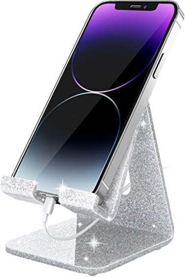 Crpich Acrylic Cell Phone Stand Portable Phone Holder Phone Stand for Desk Compatible with Phone16 15 14 13 12 Pro Max Mini 11 Xr Plus SE Switch Android Smartphone Pad Tablet Glitter Silver