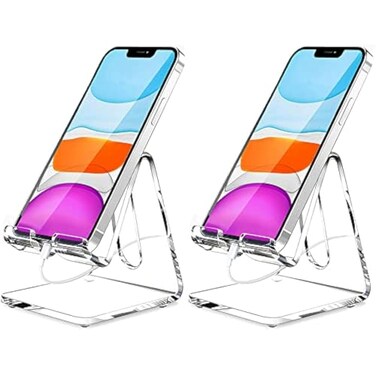 Crpich Acrylic Cell Phone Stand Portable Phone Holder Clear Phone Stand for Desk Compatible with Phone16 15 14 13 12 Pro Max 11 Xr Plus SE Switch Android Smartphone Pad Desk Accessories 2 Pack