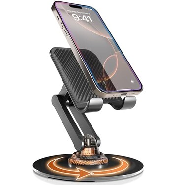 COOPER 360 Stand Rotating Cell Phone Stand for Desk Sturdy Metal Base Foldable Portable Cell Phone Holder for Desk Piano Black