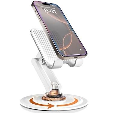 COOPER 360 Stand Rotating Cell Phone Stand for Desk Sturdy Metal Base Foldable Portable Cell Phone Holder for Desk Cream White