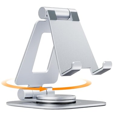 Nulaxy Rotatable Cell Phone Stand Fully Adjustable Foldable Desktop Phone Holder Cradle Dock Thick Case Friendly Compatible with All Phones Nintendo Switch Silver