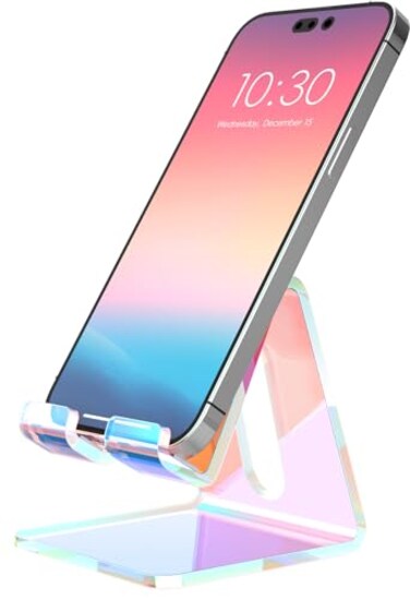 Crpich Acrylic Cell Phone Stand Portable Phone Holder Phone Stand for Desk Compatible with Phone16 15 14 13 12 Pro Max Mini 11 Switch Android Smartphone Pad Tablet Iridescent Color